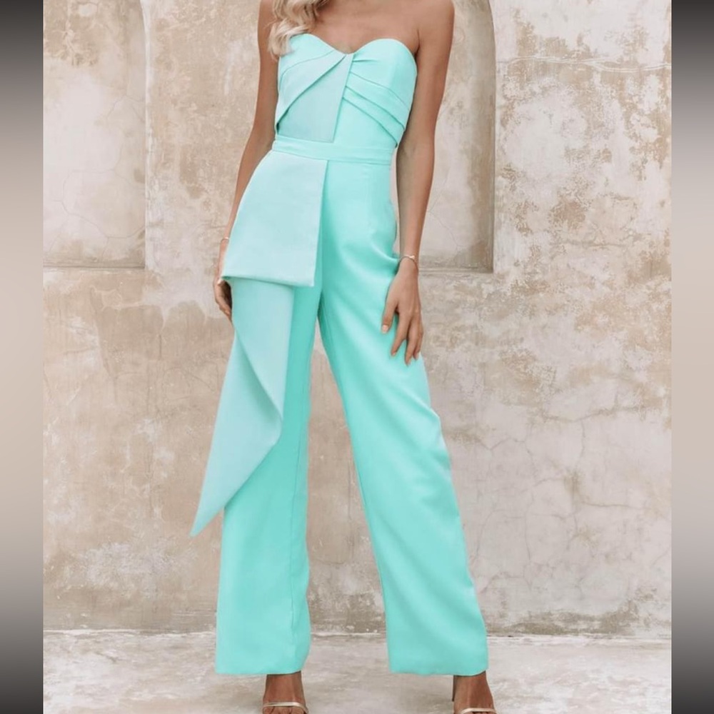 Lavish Alice Mint Strapless Wide-Leg Jumpsuit with Draped Sash